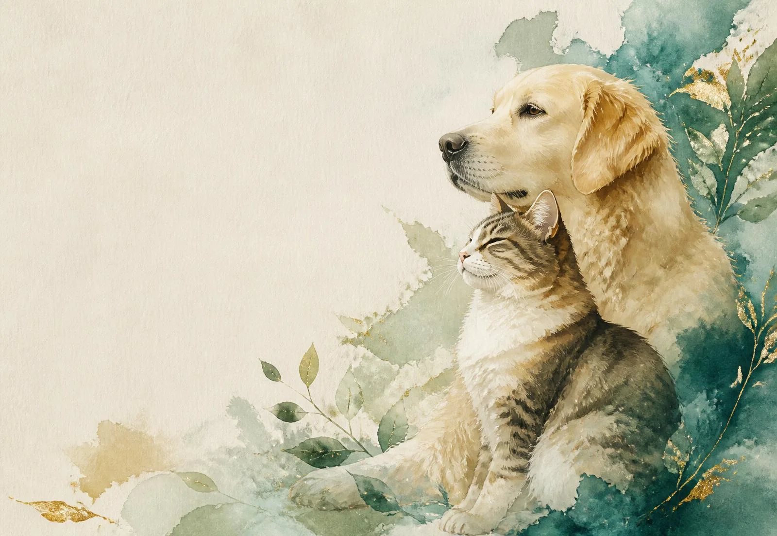 Aquarell: Ein Golden Retriever und eine getigerte Katze sitzen ruhig nebeneinander, umgeben von Blättern in Petrol und Gold.